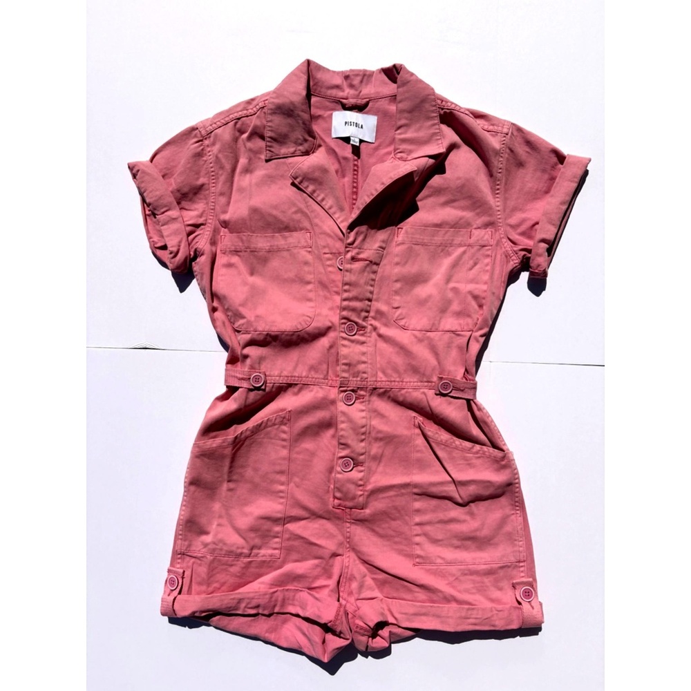 Pistola Pink Utility Romper | Button Front Short Sleeve | Size Small | Belted Wa